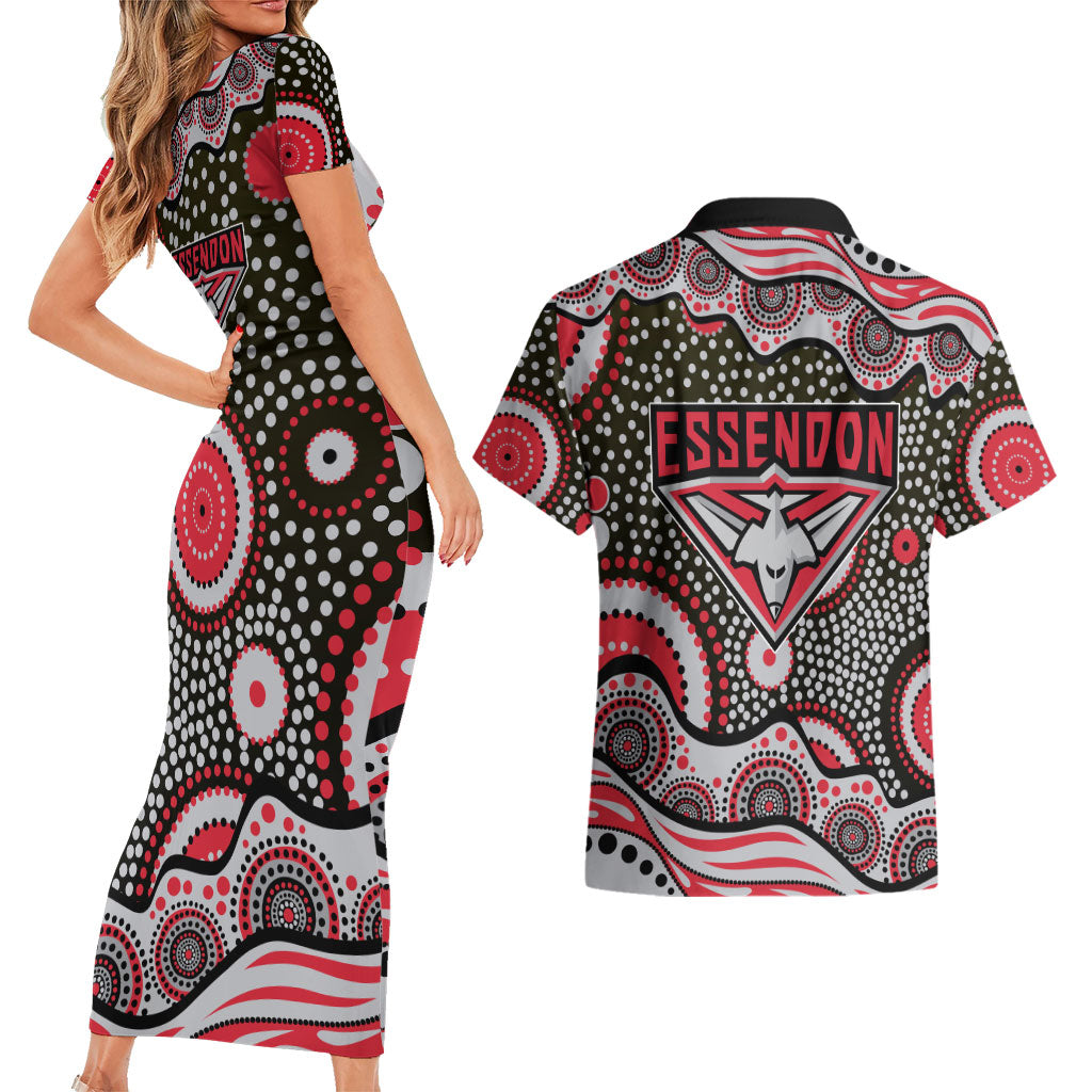 Essendon Bombers Couples Matching Short Sleeve Bodycon Dress and Hawaiian Shirt Aboriginal Dot Pattern - Football Mascot Heritage Pride