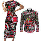 Essendon Bombers Couples Matching Short Sleeve Bodycon Dress and Long Sleeve Button Shirt Aboriginal Dot Pattern - Football Mascot Heritage Pride