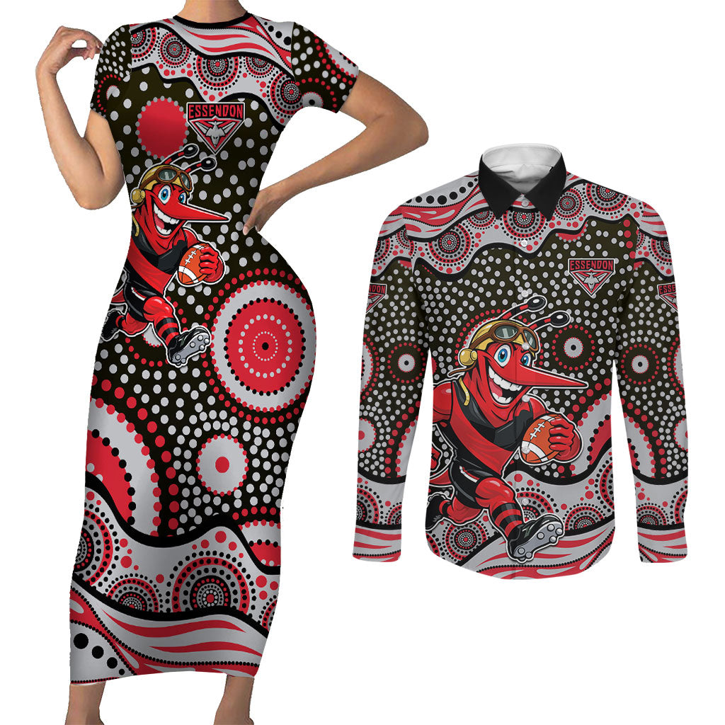 Essendon Bombers Couples Matching Short Sleeve Bodycon Dress and Long Sleeve Button Shirt Aboriginal Dot Pattern - Football Mascot Heritage Pride