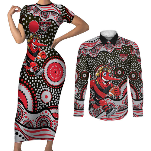Essendon Bombers Couples Matching Short Sleeve Bodycon Dress and Long Sleeve Button Shirt Aboriginal Dot Pattern - Football Mascot Heritage Pride