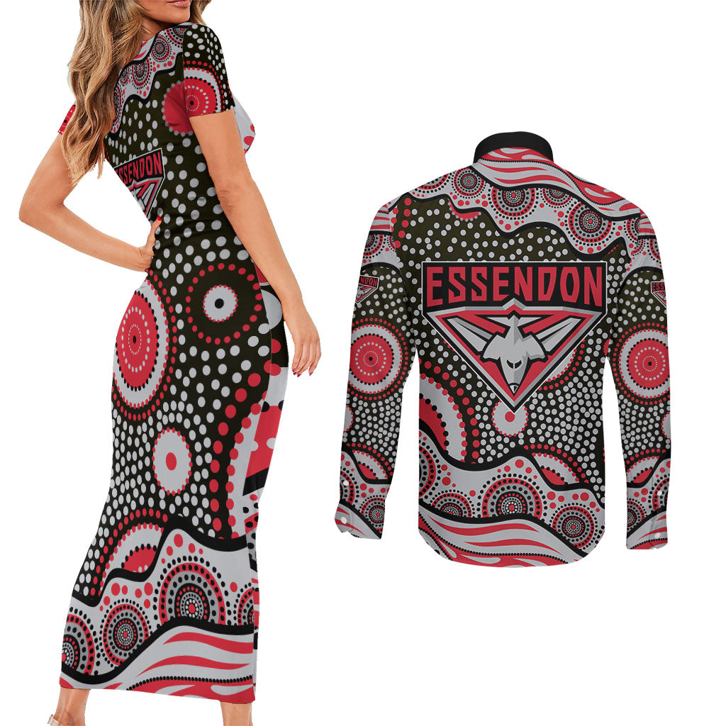 Essendon Bombers Couples Matching Short Sleeve Bodycon Dress and Long Sleeve Button Shirt Aboriginal Dot Pattern - Football Mascot Heritage Pride