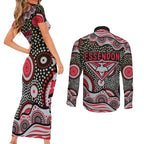 Essendon Bombers Couples Matching Short Sleeve Bodycon Dress and Long Sleeve Button Shirt Aboriginal Dot Pattern - Football Mascot Heritage Pride