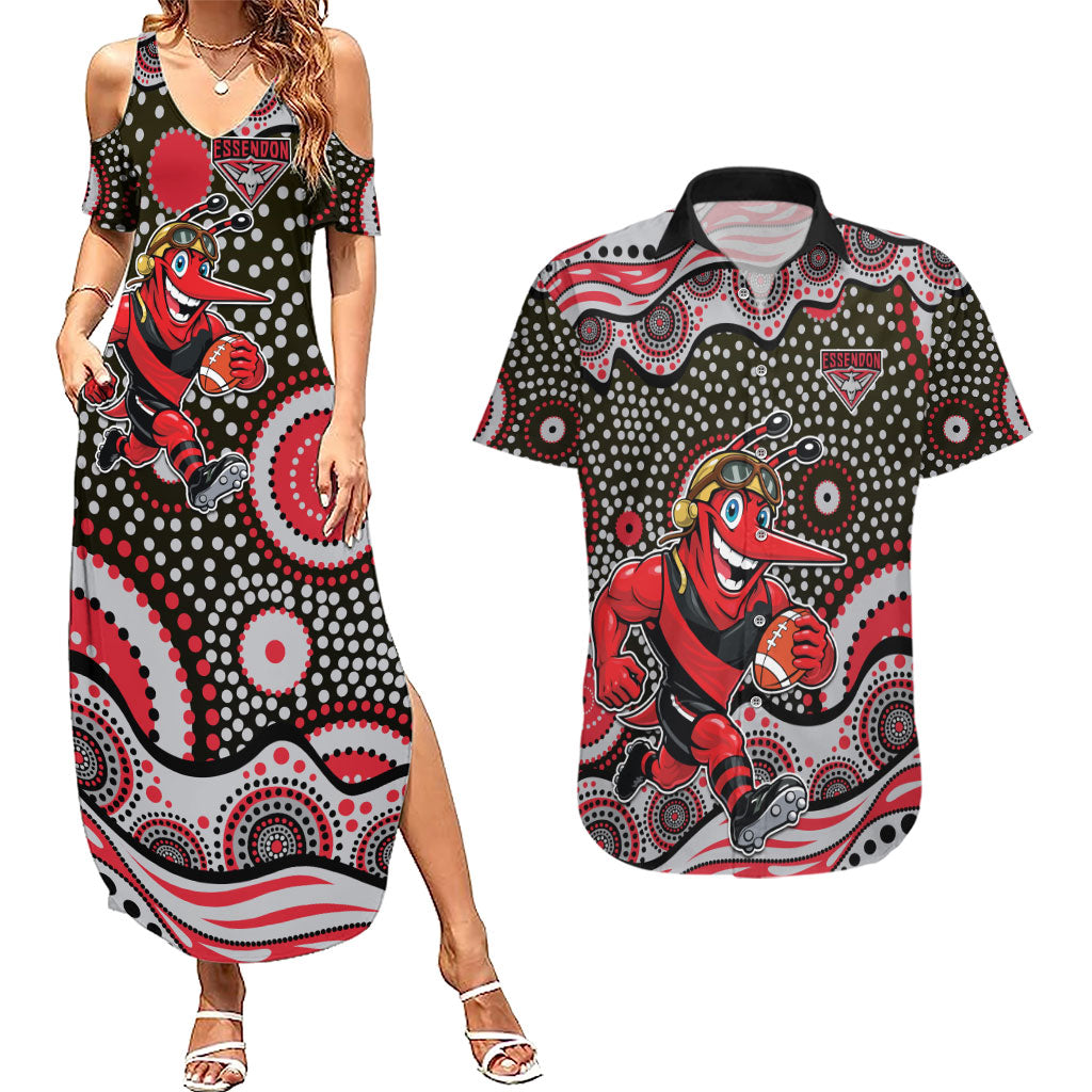 Essendon Bombers Couples Matching Summer Maxi Dress and Hawaiian Shirt Aboriginal Dot Pattern - Football Mascot Heritage Pride