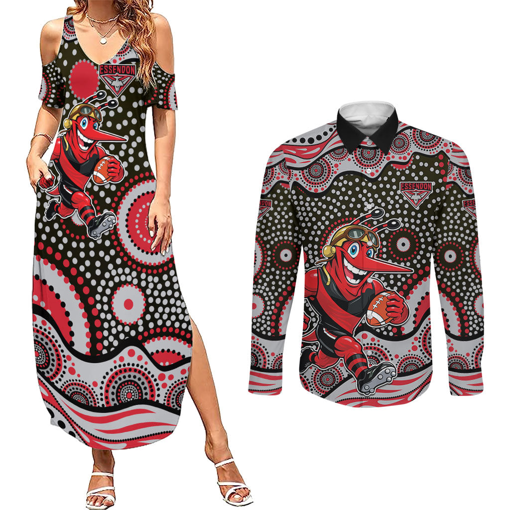 Essendon Bombers Couples Matching Summer Maxi Dress and Long Sleeve Button Shirt Aboriginal Dot Pattern - Football Mascot Heritage Pride