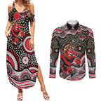 Essendon Bombers Couples Matching Summer Maxi Dress and Long Sleeve Button Shirt Aboriginal Dot Pattern - Football Mascot Heritage Pride