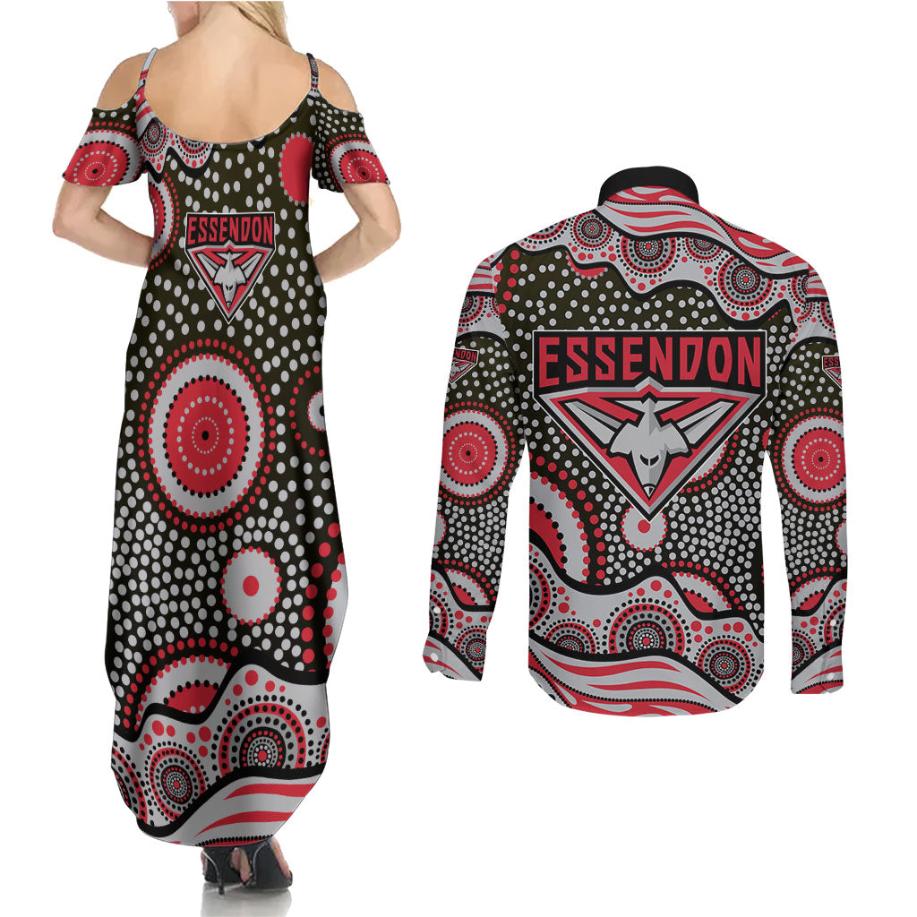Essendon Bombers Couples Matching Summer Maxi Dress and Long Sleeve Button Shirt Aboriginal Dot Pattern - Football Mascot Heritage Pride