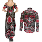 Essendon Bombers Couples Matching Summer Maxi Dress and Long Sleeve Button Shirt Aboriginal Dot Pattern - Football Mascot Heritage Pride