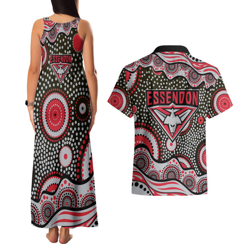 Essendon Bombers Couples Matching Tank Maxi Dress and Hawaiian Shirt Aboriginal Dot Pattern - Football Mascot Heritage Pride