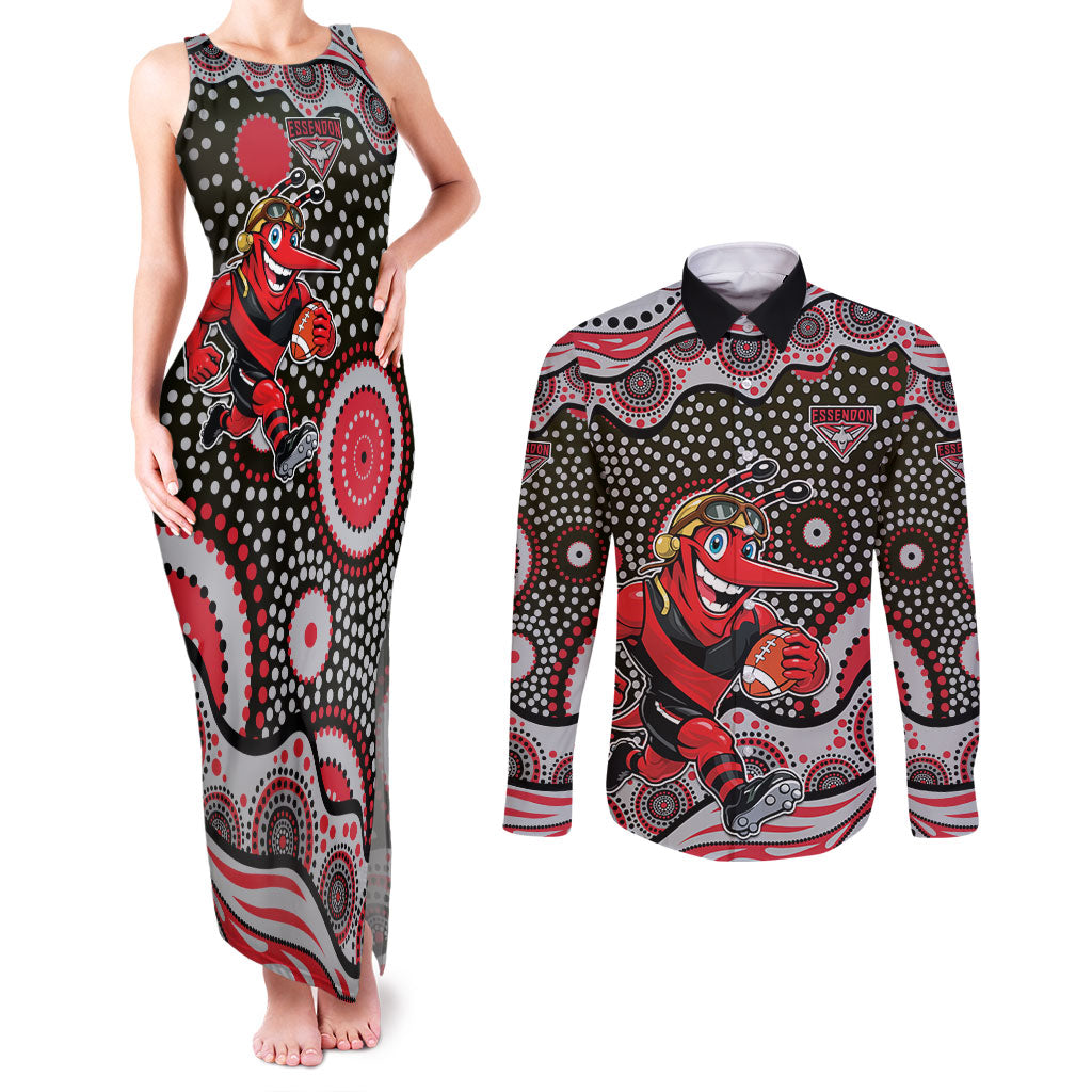 Essendon Bombers Couples Matching Tank Maxi Dress and Long Sleeve Button Shirt Aboriginal Dot Pattern - Football Mascot Heritage Pride
