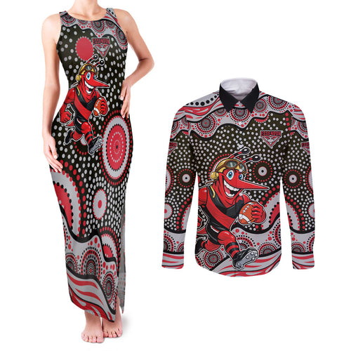 Essendon Bombers Couples Matching Tank Maxi Dress and Long Sleeve Button Shirt Aboriginal Dot Pattern - Football Mascot Heritage Pride