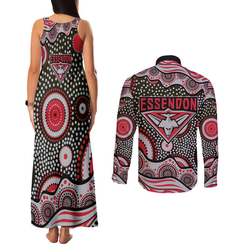 Essendon Bombers Couples Matching Tank Maxi Dress and Long Sleeve Button Shirt Aboriginal Dot Pattern - Football Mascot Heritage Pride