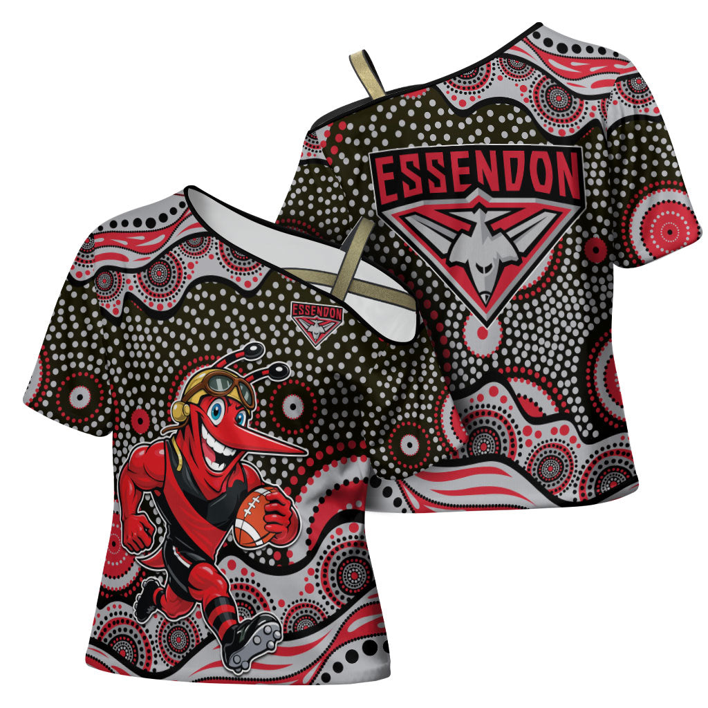 Essendon Bombers Cross Shoulder Shirt Aboriginal Dot Pattern - Football Mascot Heritage Pride
