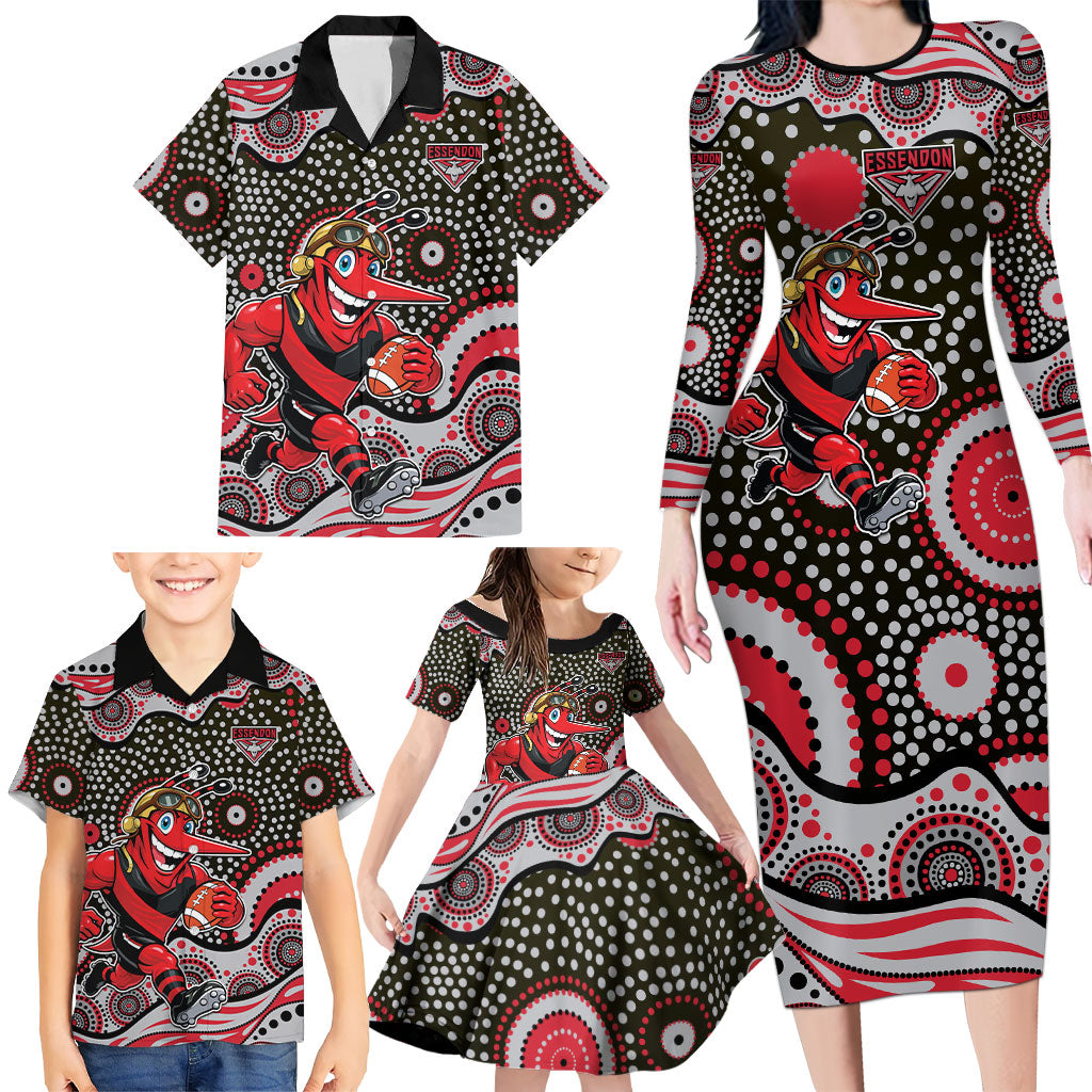 Essendon Bombers Family Matching Long Sleeve Bodycon Dress and Hawaiian Shirt Aboriginal Dot Pattern - Football Mascot Heritage Pride