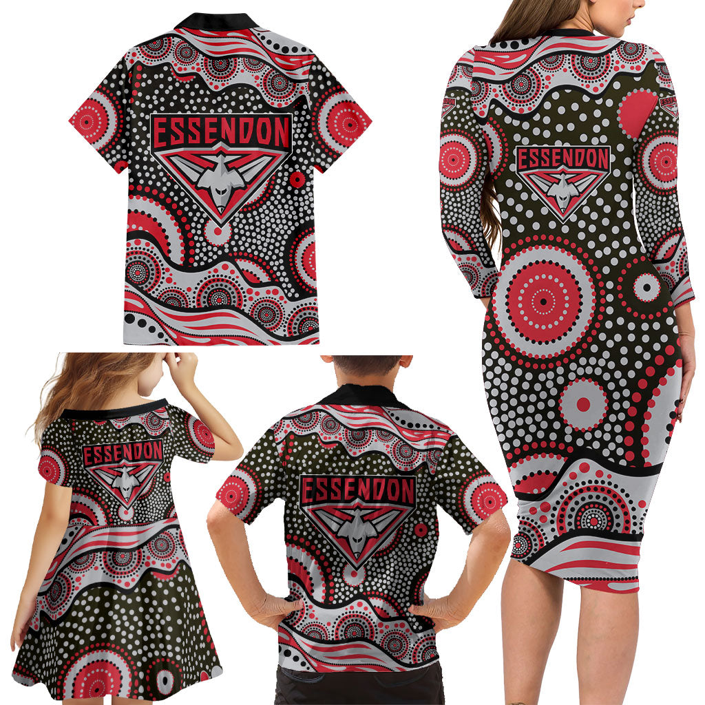 Essendon Bombers Family Matching Long Sleeve Bodycon Dress and Hawaiian Shirt Aboriginal Dot Pattern - Football Mascot Heritage Pride