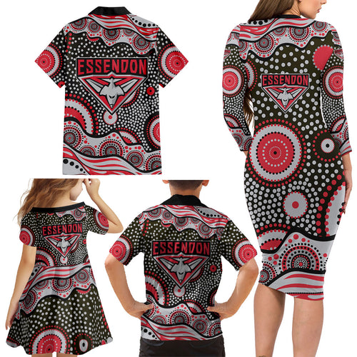 Essendon Bombers Family Matching Long Sleeve Bodycon Dress and Hawaiian Shirt Aboriginal Dot Pattern - Football Mascot Heritage Pride