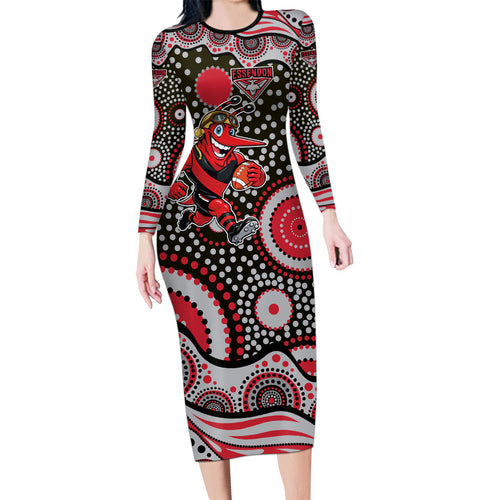 Essendon Bombers Family Matching Long Sleeve Bodycon Dress and Hawaiian Shirt Aboriginal Dot Pattern - Football Mascot Heritage Pride