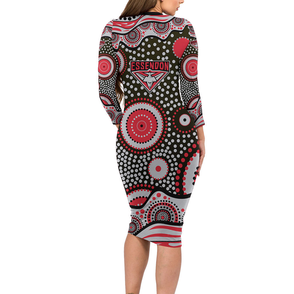 Essendon Bombers Family Matching Long Sleeve Bodycon Dress and Hawaiian Shirt Aboriginal Dot Pattern - Football Mascot Heritage Pride