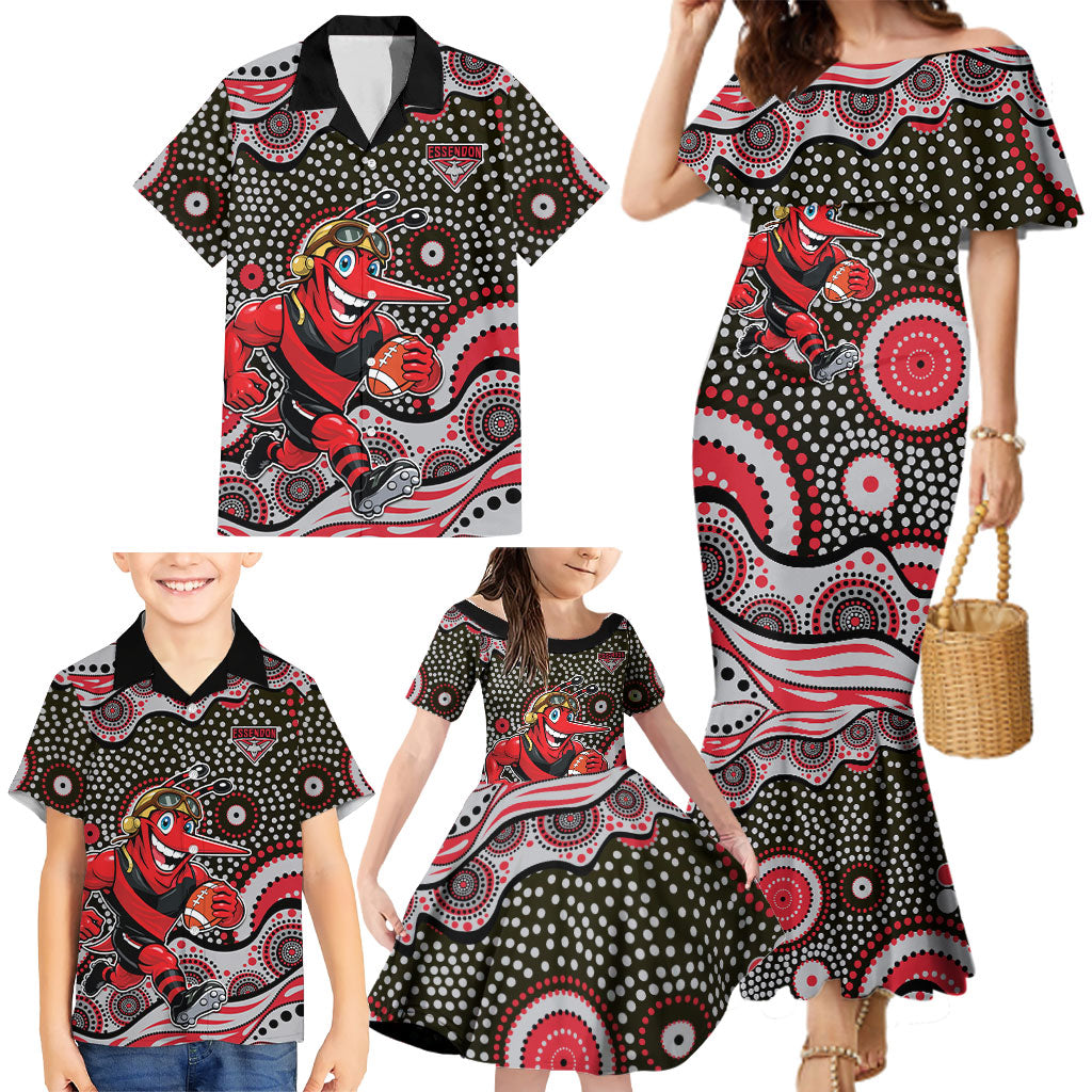 Essendon Bombers Family Matching Mermaid Dress and Hawaiian Shirt Aboriginal Dot Pattern - Football Mascot Heritage Pride