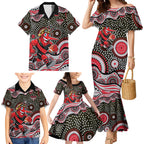 Essendon Bombers Family Matching Mermaid Dress and Hawaiian Shirt Aboriginal Dot Pattern - Football Mascot Heritage Pride