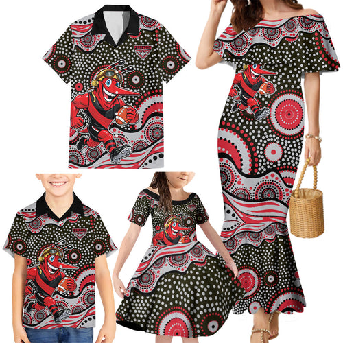 Essendon Bombers Family Matching Mermaid Dress and Hawaiian Shirt Aboriginal Dot Pattern - Football Mascot Heritage Pride