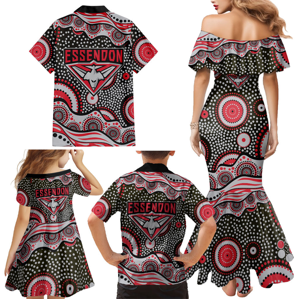 Essendon Bombers Family Matching Mermaid Dress and Hawaiian Shirt Aboriginal Dot Pattern - Football Mascot Heritage Pride
