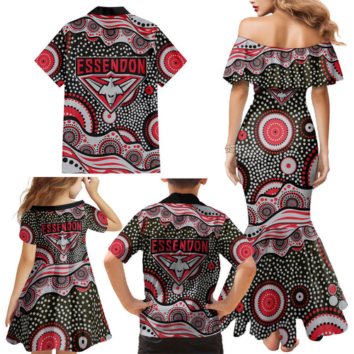 Essendon Bombers Family Matching Mermaid Dress and Hawaiian Shirt Aboriginal Dot Pattern - Football Mascot Heritage Pride