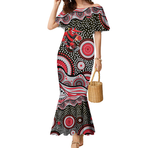 Essendon Bombers Family Matching Mermaid Dress and Hawaiian Shirt Aboriginal Dot Pattern - Football Mascot Heritage Pride