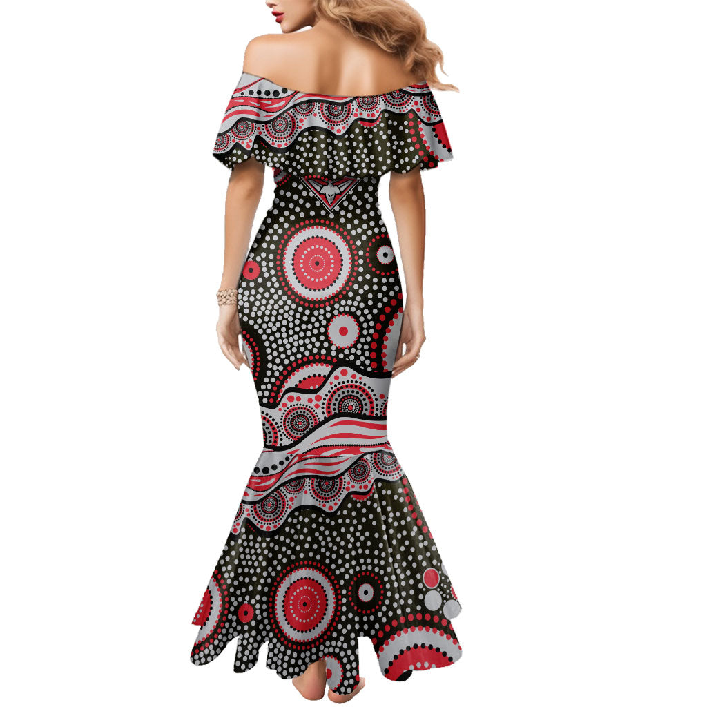 Essendon Bombers Family Matching Mermaid Dress and Hawaiian Shirt Aboriginal Dot Pattern - Football Mascot Heritage Pride