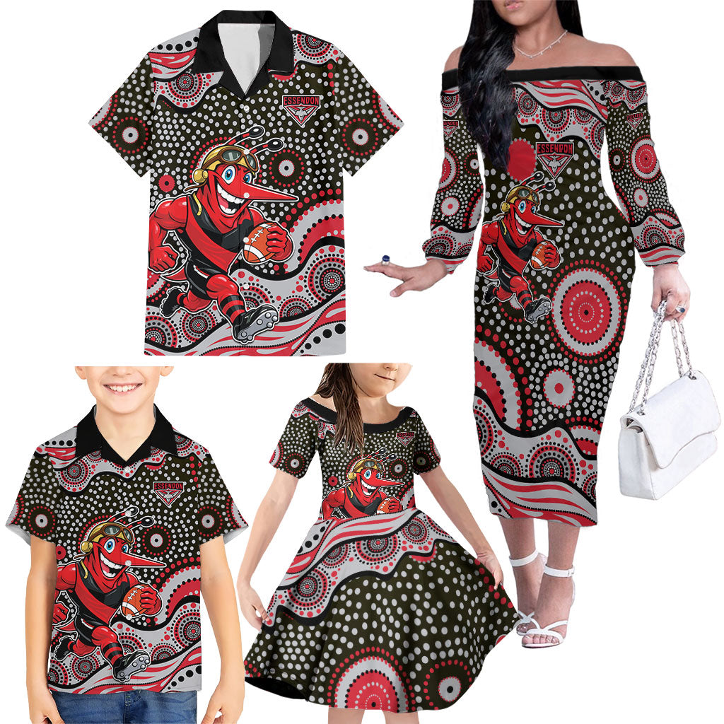Essendon Bombers Family Matching Off The Shoulder Long Sleeve Dress and Hawaiian Shirt Aboriginal Dot Pattern - Football Mascot Heritage Pride