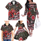 Essendon Bombers Family Matching Off The Shoulder Long Sleeve Dress and Hawaiian Shirt Aboriginal Dot Pattern - Football Mascot Heritage Pride