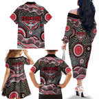 Essendon Bombers Family Matching Off The Shoulder Long Sleeve Dress and Hawaiian Shirt Aboriginal Dot Pattern - Football Mascot Heritage Pride