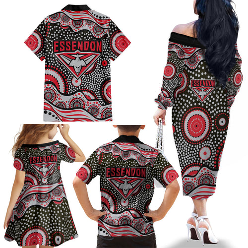 Essendon Bombers Family Matching Off The Shoulder Long Sleeve Dress and Hawaiian Shirt Aboriginal Dot Pattern - Football Mascot Heritage Pride