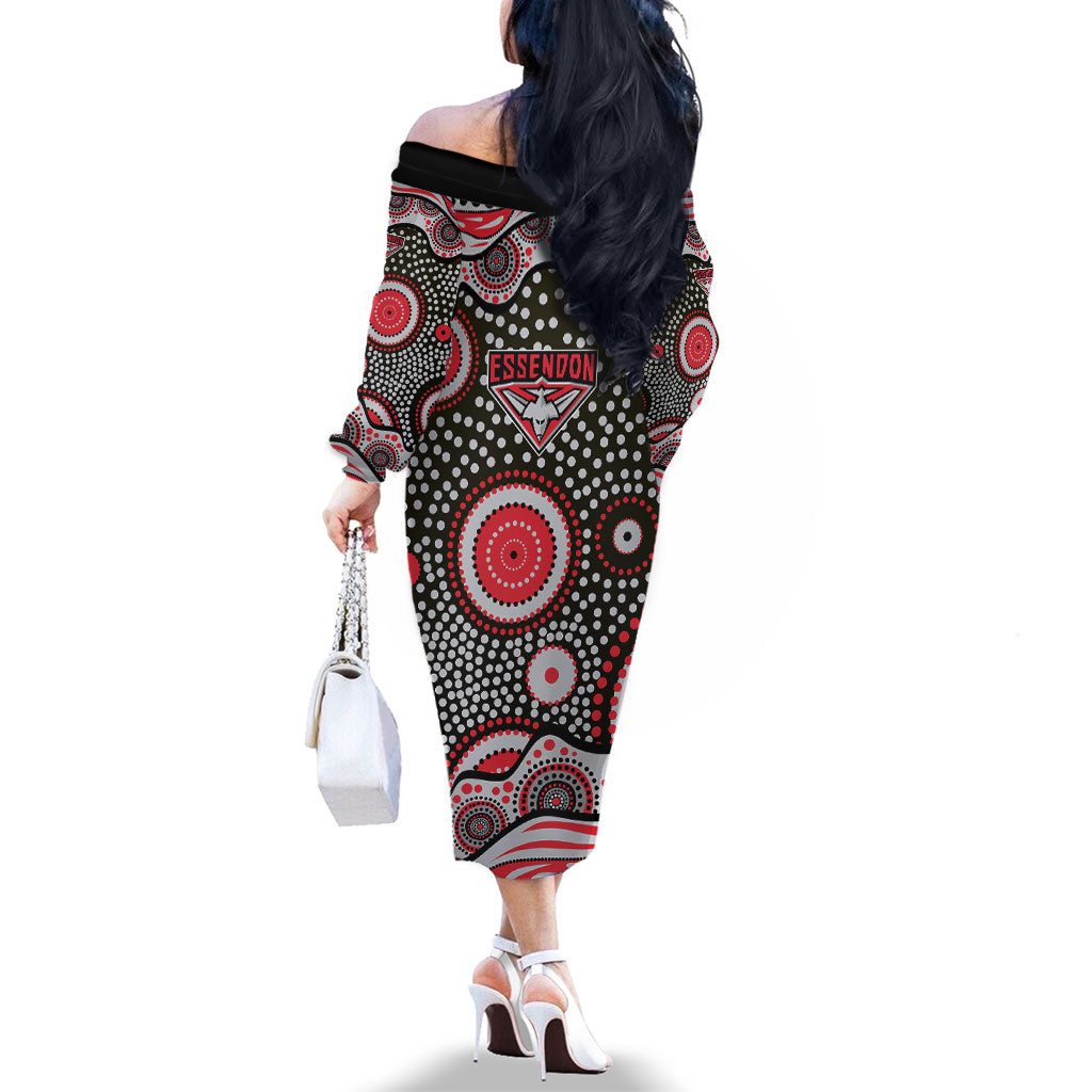 Essendon Bombers Family Matching Off The Shoulder Long Sleeve Dress and Hawaiian Shirt Aboriginal Dot Pattern - Football Mascot Heritage Pride