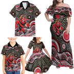 Essendon Bombers Family Matching Off Shoulder Maxi Dress and Hawaiian Shirt Aboriginal Dot Pattern - Football Mascot Heritage Pride