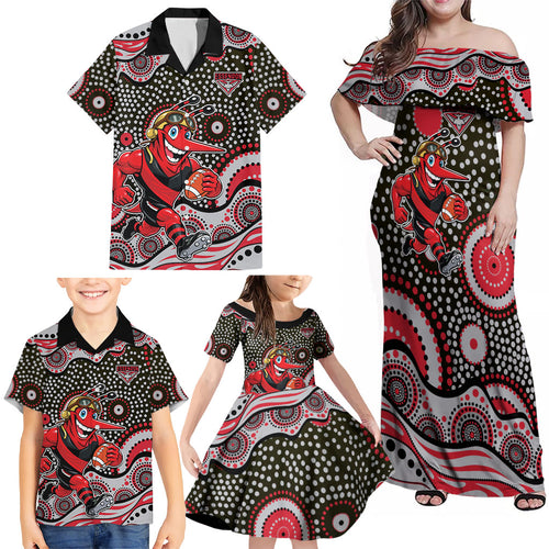 Essendon Bombers Family Matching Off Shoulder Maxi Dress and Hawaiian Shirt Aboriginal Dot Pattern - Football Mascot Heritage Pride