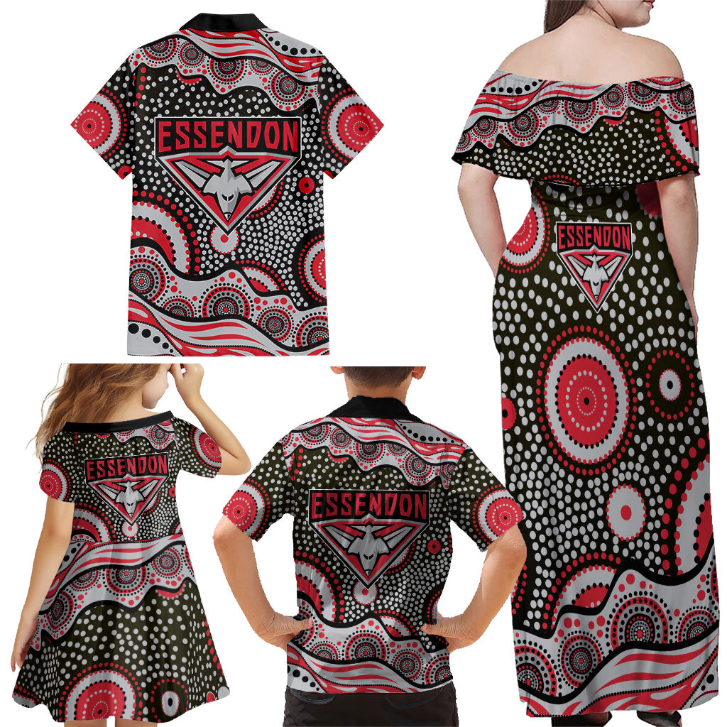 Essendon Bombers Family Matching Off Shoulder Maxi Dress and Hawaiian Shirt Aboriginal Dot Pattern - Football Mascot Heritage Pride