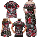Essendon Bombers Family Matching Off Shoulder Maxi Dress and Hawaiian Shirt Aboriginal Dot Pattern - Football Mascot Heritage Pride