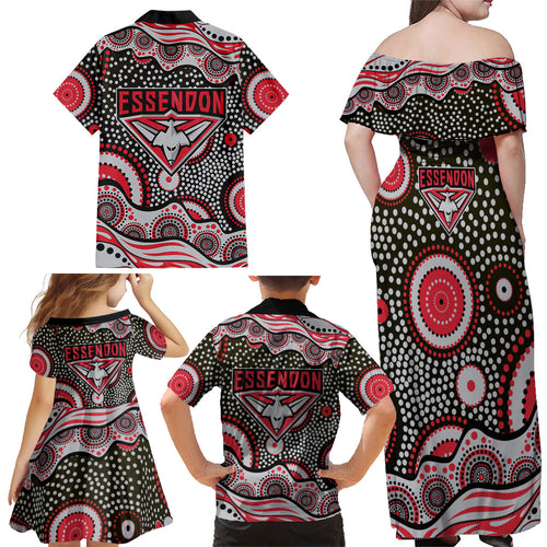 Essendon Bombers Family Matching Off Shoulder Maxi Dress and Hawaiian Shirt Aboriginal Dot Pattern - Football Mascot Heritage Pride