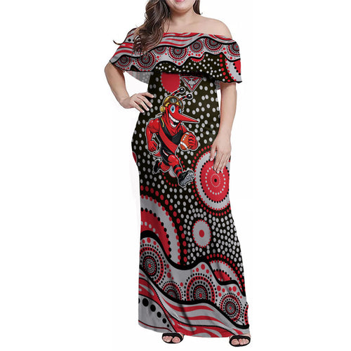 Essendon Bombers Family Matching Off Shoulder Maxi Dress and Hawaiian Shirt Aboriginal Dot Pattern - Football Mascot Heritage Pride