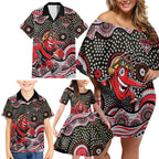 Essendon Bombers Family Matching Off Shoulder Short Dress and Hawaiian Shirt Aboriginal Dot Pattern - Football Mascot Heritage Pride