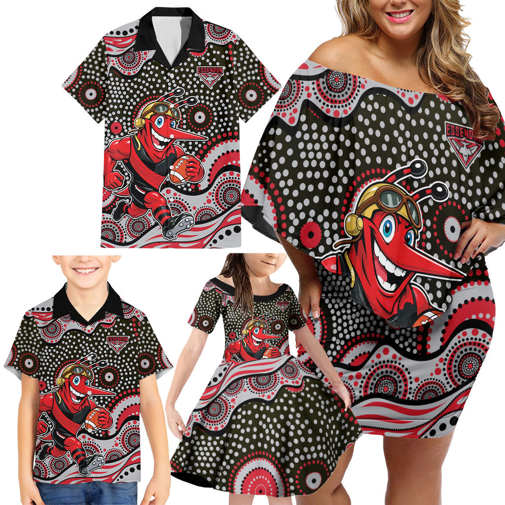 Essendon Bombers Family Matching Off Shoulder Short Dress and Hawaiian Shirt Aboriginal Dot Pattern - Football Mascot Heritage Pride
