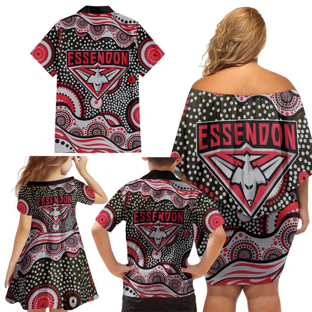 Essendon Bombers Family Matching Off Shoulder Short Dress and Hawaiian Shirt Aboriginal Dot Pattern - Football Mascot Heritage Pride