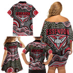 Essendon Bombers Family Matching Off Shoulder Short Dress and Hawaiian Shirt Aboriginal Dot Pattern - Football Mascot Heritage Pride