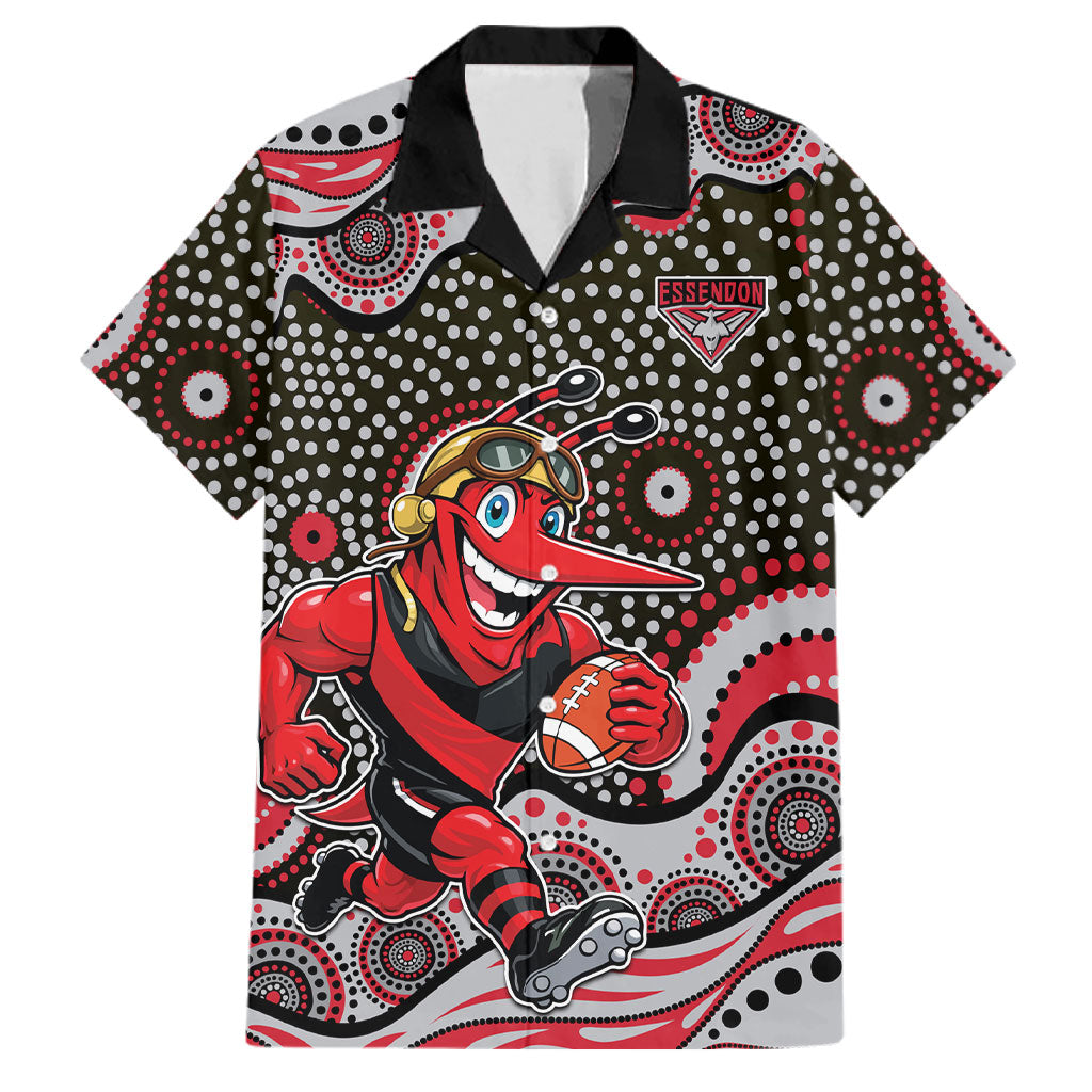 Essendon Bombers Family Matching Off Shoulder Short Dress and Hawaiian Shirt Aboriginal Dot Pattern - Football Mascot Heritage Pride