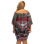 Essendon Bombers Family Matching Off Shoulder Short Dress and Hawaiian Shirt Aboriginal Dot Pattern - Football Mascot Heritage Pride