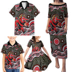 Essendon Bombers Family Matching Puletasi and Hawaiian Shirt Aboriginal Dot Pattern - Football Mascot Heritage Pride