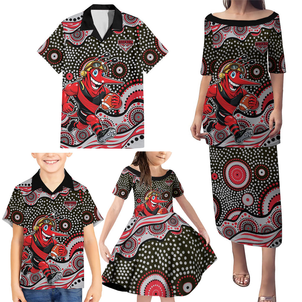Essendon Bombers Family Matching Puletasi and Hawaiian Shirt Aboriginal Dot Pattern - Football Mascot Heritage Pride
