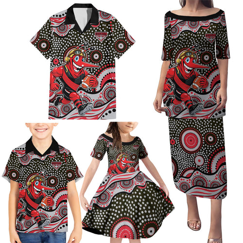 Essendon Bombers Family Matching Puletasi and Hawaiian Shirt Aboriginal Dot Pattern - Football Mascot Heritage Pride