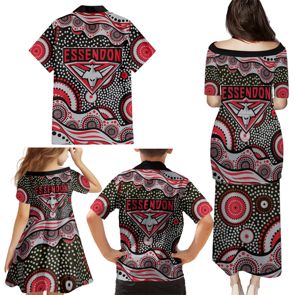 Essendon Bombers Family Matching Puletasi and Hawaiian Shirt Aboriginal Dot Pattern - Football Mascot Heritage Pride