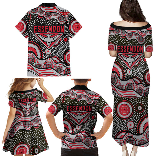 Essendon Bombers Family Matching Puletasi and Hawaiian Shirt Aboriginal Dot Pattern - Football Mascot Heritage Pride